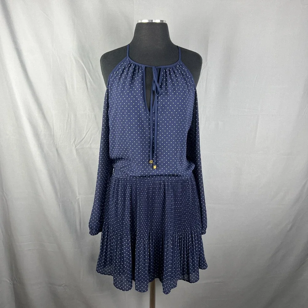 Michael Kors Pindot Peekaboo Dress Womens XS Navy Blue Pleated Cold Shoulder